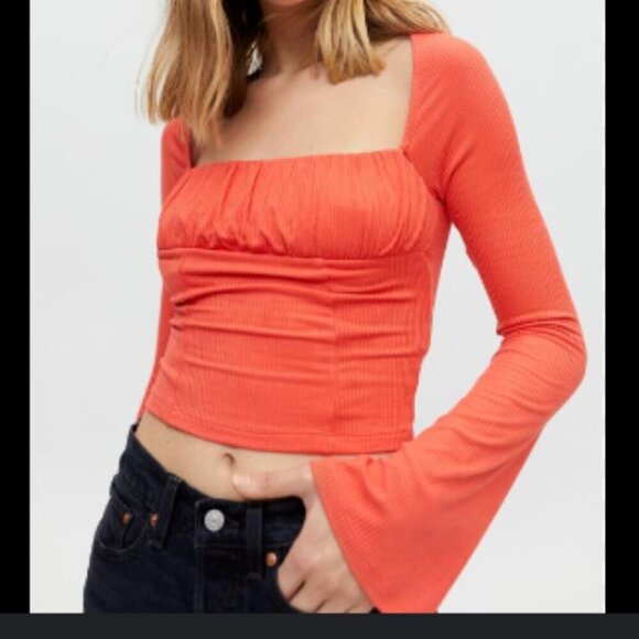 NWT Urban Outfitters Hallie Ribbed Peasant Crop w/Bell Sleeves - Medium in Lime - Picture 12 of 14